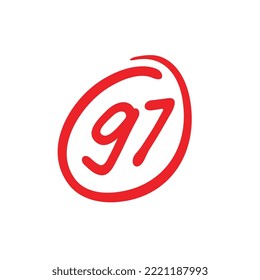 97 points test score, ninety seven points grade results, hand drawn vector illustration, red color on white background