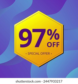 97% Sale and Discount Label. Ninety seven percent Sale Discount label Geometric design. Abstract Blue and Yellow Hexagon. Vector illustration.