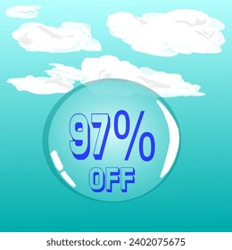 97% burbuja transparente de jabón en cielo azul para descuento y promoción, colores azul y blanco