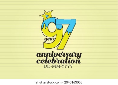 97 year anniversary blue and yellow color cartoon style, sweet style, candy look, with paper book style background - vector
