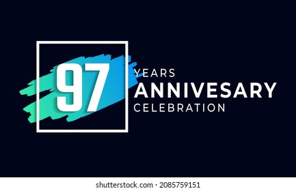 97 Year Anniversary Celebration with Blue Brush and Square Symbol. Happy Anniversary Greeting Celebrates Event Isolated on Black Background