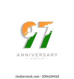 97 Year Anniversary Celebration with Brush White Slash in Yellow Saffron and Green Indian Flag Color. Happy Anniversary Greeting Celebrates Event Isolated on White Background