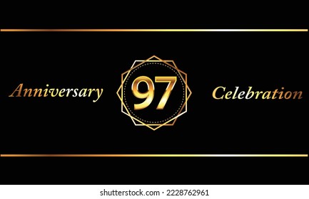 97 Year Anniversary celebration Vector Design with gold hexagonal shape. 97th Anniversary celebration. Gold Luxury Banner of 97 Anniversary celebration.