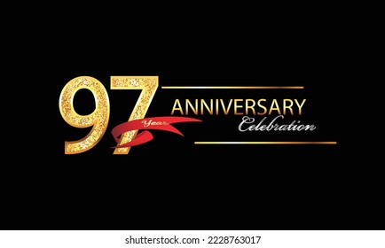 97-jährige Jubiläumsfeier Vector Design. 97. Jubiläumsfeier. Gold Luxury Banner des 97. Jubiläums mit rotem Band und Glitter. Hintergrundfeier. Vektor-Jubiläum