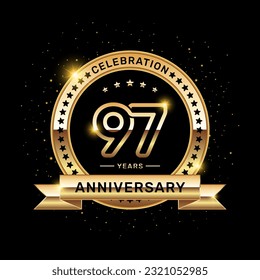 Logo del 97 aniversario con un número y cinta dorada, plantilla vectorial