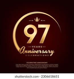 Diseño de plantilla de 97 años con número de oro y anillo para celebración de cumpleaños, invitación, afiche de banner, volante y tarjeta de saludo, plantilla vectorial