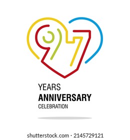 97 Years Anniversary Celebration Decoration Colorful Number Bounded By A Loving Heart Modern Love Line Design Logo Icon White Background