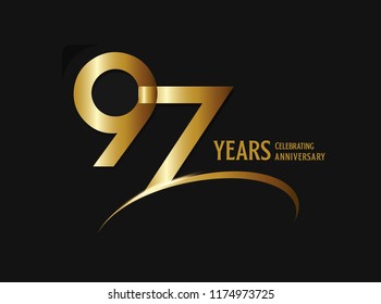 97 years anniversary celebration design. anniversary logo with swoosh and golden color isolated on black background, vector design for greeting card and invitation card.