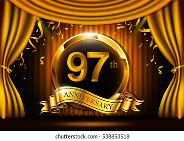 97 years anniversary celebration. with gold ribbon. Curtain background and light shine.