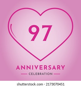 97 years anniversary celebration with heart isolated on pink background. Creative design for happy birthday, wedding, ceremony, event party, marriage, invitation card and greeting card.