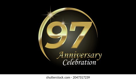 97 years anniversary celebration. Anniversary logo with ring in golden color isolated on black background with golden light, vector design for celebration, invitation card and greeting card