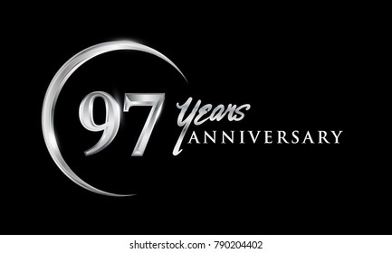 97 years anniversary celebration. Anniversary logo with silver ring elegant design isolated on black background, vector design for celebration, invitation card, and greeting card