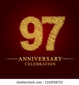 97 years anniversary celebration logotype. Logo gold pile of dry rice on red background. Number nest and fuzz gold foil.