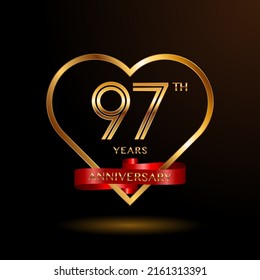 97 years anniversary celebration logotype with gold color and ribbon for booklet, leaflet, magazine, brochure poster, banner, web, invitation or greeting card. Vector illustrations.