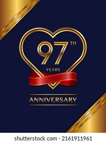 97 years anniversary celebration logotype with gold color and ribbon for booklet, leaflet, magazine, brochure poster, banner, web, invitation or greeting card. Vector illustrations.