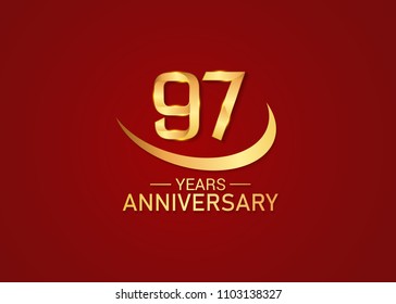 97 years anniversary design with swoosh golden colored isolated on red background for celebration 