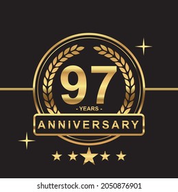 97 years anniversary golden color with circle ring and stars isolated on black background for anniversary celebration event luxury gold premium vector