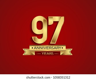 97 years anniversary golden design color with red background for celebration