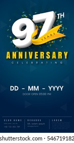 97 years anniversary invitation card - celebration template 
design , 97th anniversary modern design elements, dark blue 
background - vector illustration