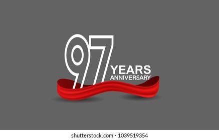 97 years anniversary line style white color with red color ribbon isolated on dark grey background