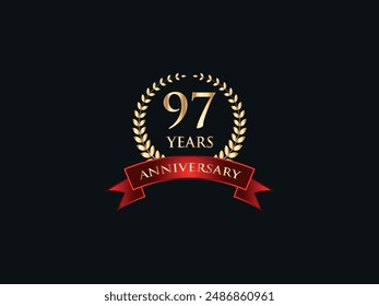 97 Years Anniversary Logo. Celebrating Success. Symbol of Eternal Achievement. Proud Heritage. Logo with Laurel Wreath and Ribbon. Years of Glorious Memories. Jubilee of Joy. Golden Celebratory Crest.