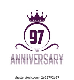 97 Years Anniversary Logo. Celebrating Success. Symbol of Eternal Achievement. Proud Heritage. Logo with Laurel Wreath and Ribbon. Years of Glorious Memories. Jubilee of Joy. Golden Celebratory Crest.