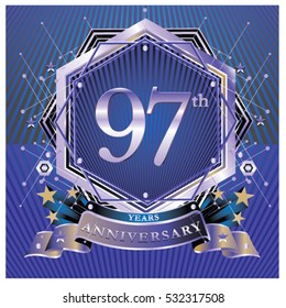 97 years anniversary logo celebration with ring and ribbon. Symbol and template for greeting card