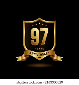 97  years anniversary logo with golden shield and ribbon for booklet, leaflet, magazine, brochure poster, banner, web, invitation or greeting card. Vector illustrations.