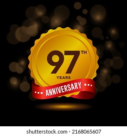 97 years anniversary logo with ribbon, golden Anniversary for booklet, leaflet, magazine, brochure poster, banner, web, invitation or greeting card. Vector illustrations.