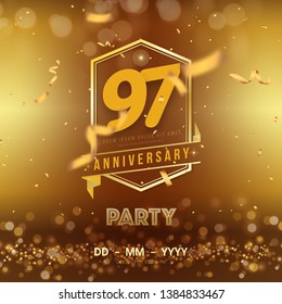 97 years anniversary logo template on gold background. 97th celebrating golden numbers with gold ribbon vector and confetti isolated design elements