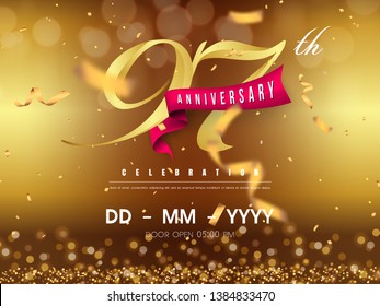 97 years anniversary logo template on gold background. 97th celebrating golden numbers with red ribbon vector and confetti isolated design elements