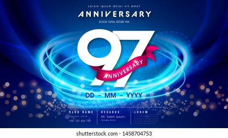 97 years anniversary logo template on dark blue Abstract futuristic space background. 97th modern technology design celebrating numbers with Hi-tech network digital technology concept design elements.
