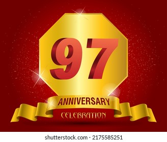 97 years anniversary logo template. Red numbers with golden ribbon.