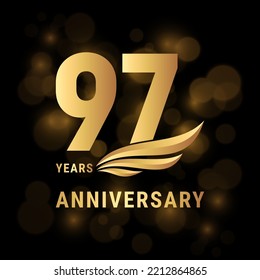 97 Years anniversary logo, Template design with gold color for poster, banners, brochures, magazines, web, booklets, invitations or greeting cards. Vector illustration