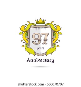 97 Years Anniversary Logo Using Heraldic Theme, Colorful and Isolated on white background
