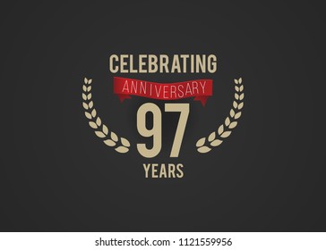 97 Years Anniversary logotype with golden colored font number, with ribbon and laurel, isolated on black background for company celebration event, birthday