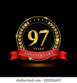97 Years Anniversary template design, with shiny ring and red ribbon, laurel wreath isolated on black background, logo vector