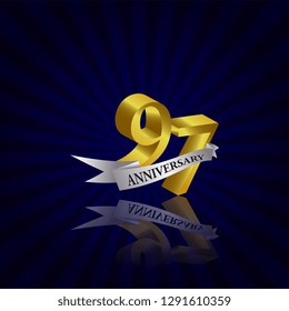 97 years anniversary Vector Template Design with golden color and silver ribbon isolated on blue sunburst background illustration for celebration event - Vector