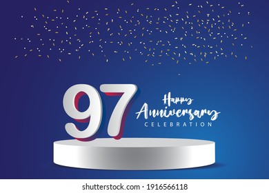 97 Years Anniversary Vector Template Design Illustration. Blue 3d Numbers with podium stage for celebration