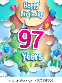 97 Years Birthday Celebration Design for greeting cards and poster, with clouds and gift box, balloons. design template for birthday celebration.