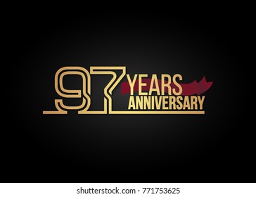 97 Years gold Anniversary celebration logotype using multi linear number with red ribbon isolated on black background.