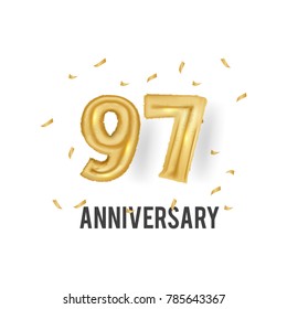 97 Years Golden Aluminum Foil Balloon anniversary logotype with golden confetti isolated on white background