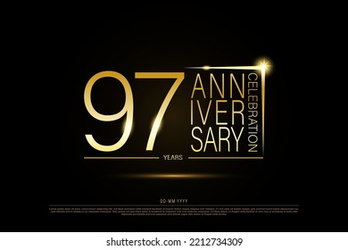 97 years golden anniversary gold logo on black background, vector design for celebration.