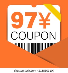 97 Yen Coupon promotion sale for a website, internet ads, social media gift 97 Yuan off discount voucher. Big sale and super sale coupon discount. Price Tag Mega Coupon discount vector illustration.