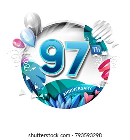 97th anniversary background with balloon and confetti on white. 3D paper style illustration. Poster or brochure template. Vector illustration.