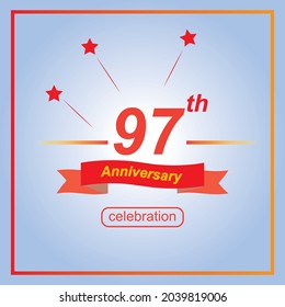 97th anniversary banner, in 97 years anniversary concept template design vector, decorated with red ribbon and stars