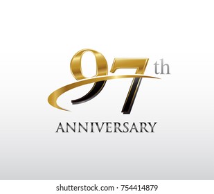 97th anniversary black and golden swoosh. simple logo vector design for greeting card and invitation card