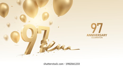 Antecedentes de la celebración del 97° Aniversario. Números dorados con cinta doblada, confeti y globos.