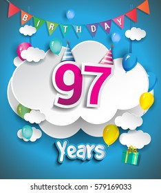 97th Anniversary Celebration Design, with clouds and balloons, confetti. Vector template elements for your, ninety seven years birthday celebration party.