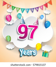 97th Anniversary Celebration Design, with clouds and balloons. using Paper Art Design Style, Vector template elements for your, ninety seven years birthday celebration party.